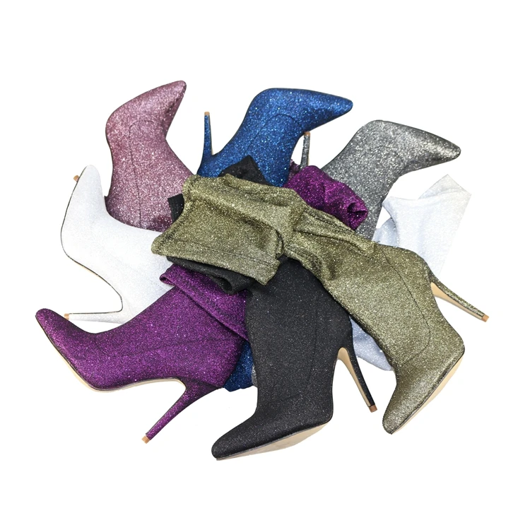 

Moraima Snc Newest Bling Bling Stretch Fabric Pointed Toe High Heel Boots for Woman Sexy Thin Heels Over the Knee Boots