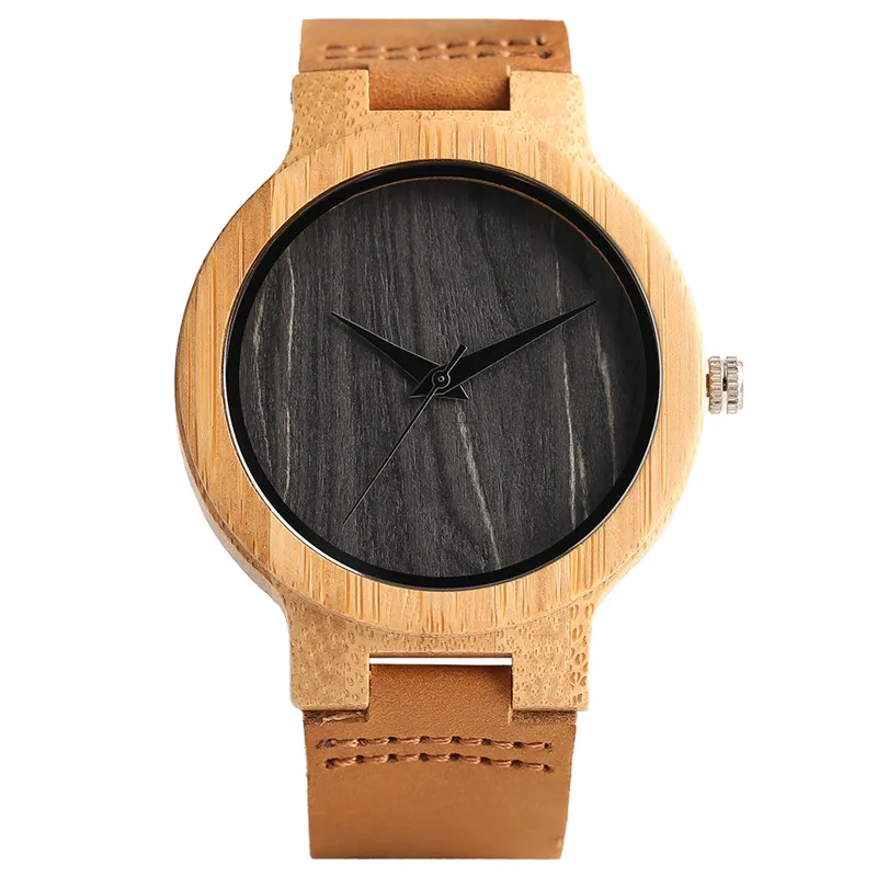 Casual Men Women Nature Wood Wristwatches Simple Bamboo Sliced Pattern Genuine Leather Strap Minimalist Wooden Watch Clock Gifts (1)