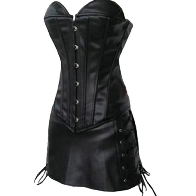 

Sexy Women Steampunk Waist Slimming Strapless Corset Overbust Bustier Body Shapewear Faux Leather Black Corset Dress W580844