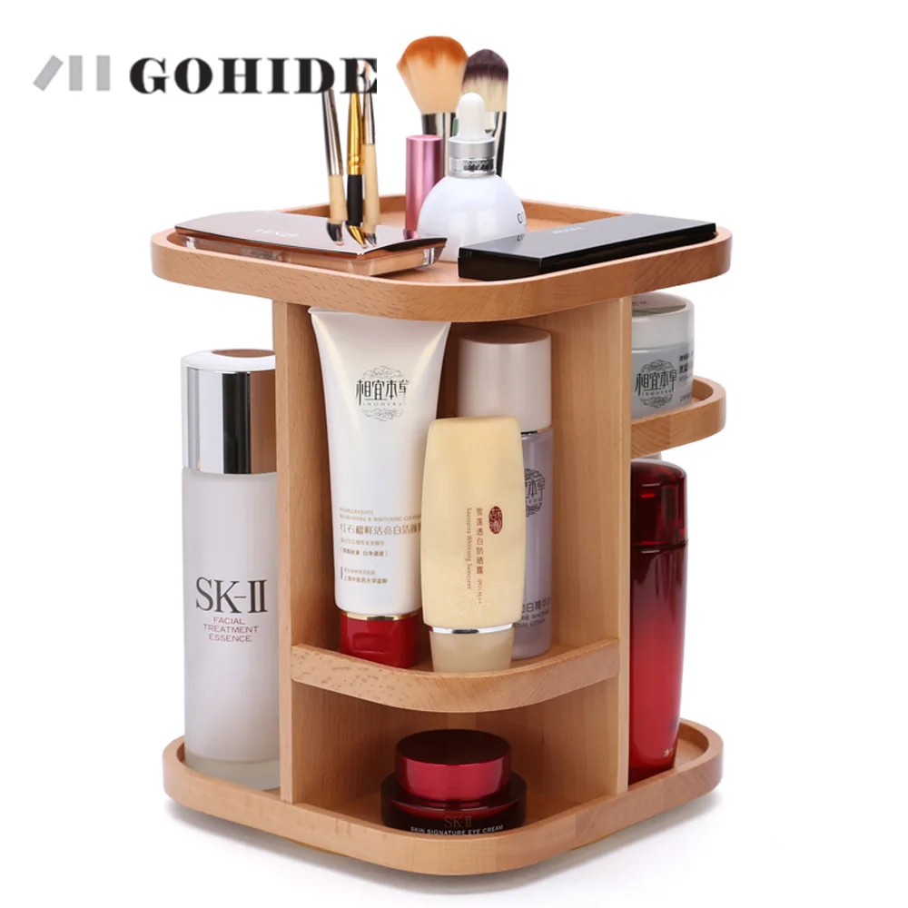 

JUHD A Wooden 360 Degree Rotating Cosmetic Storage Box Dressing Table Top Shelf Wooden Skin Care Product Storage Cabinet ZLCP
