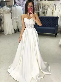 Vestidos de novia elegantes 2019 Sweetheart de satén Línea A ilusión de apliques cremallera trasera vestidos de novia trajes de novia personalizados