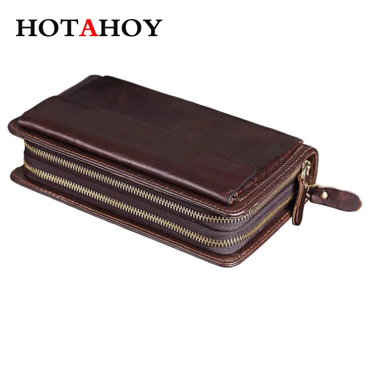 

Double Zipper Men Wallets with Phone Bag Vintage Genuine Leather Clutch Wallet Male Purses Large Capacity Men's Wallets