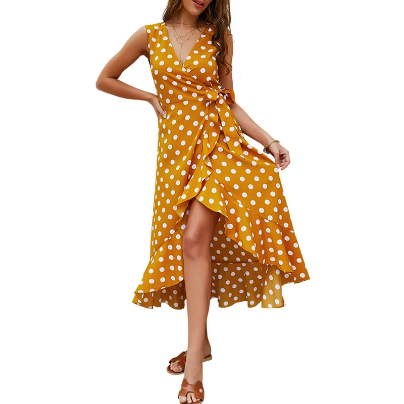 

Women Summer Polka Dot Print Sexy Deep V neck Dress Sleeveless Ruffles Lace up Chiffon Dresses