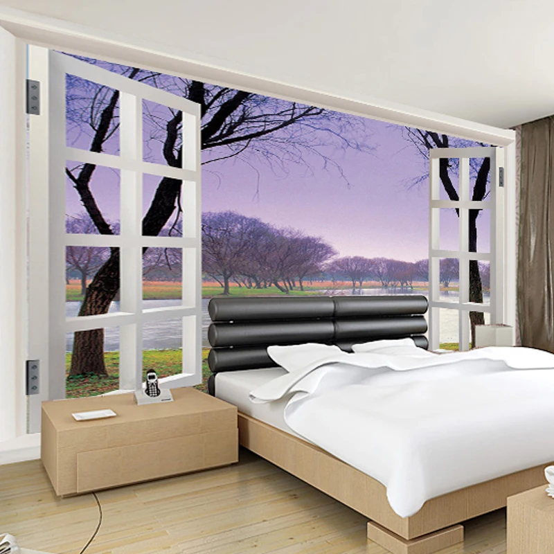 

Wholesale Purple Frame Window Lanscape Scenery 3d Photo Mural for Living Room and Bedding room 3d Wall Murals Fresco Home Decor