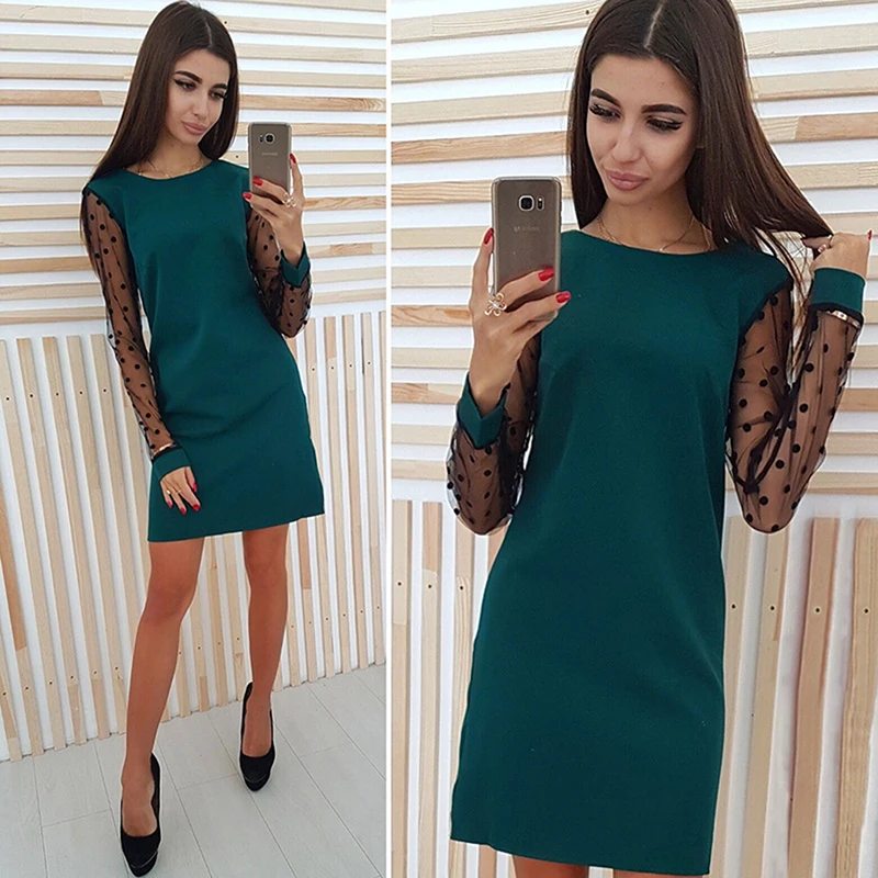 

Elegant Ladies Polka Dot Mesh Patchwork Dress Women Casual Straight O-Neck Long Sleeve Autumn Dress Vestidos