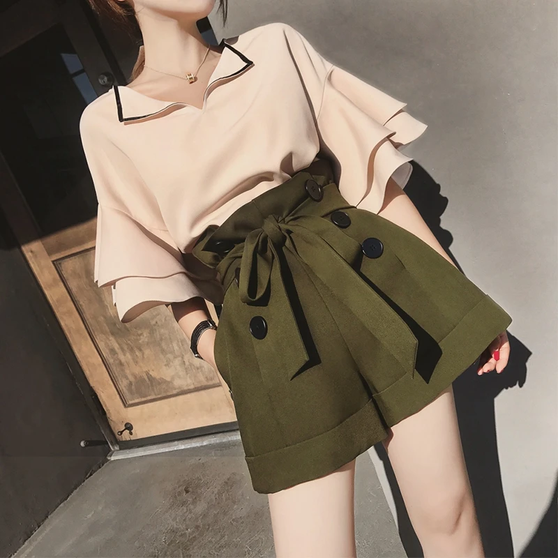 2 قطعة المرأة الصيف الشيفون القوس الخامس الرقبة دعوى مجموعة OL سيدة قصيرة بنطال ذو قصة أرجل واسعة السراويل بلون المحملات أعلى السترة العمل مكت...