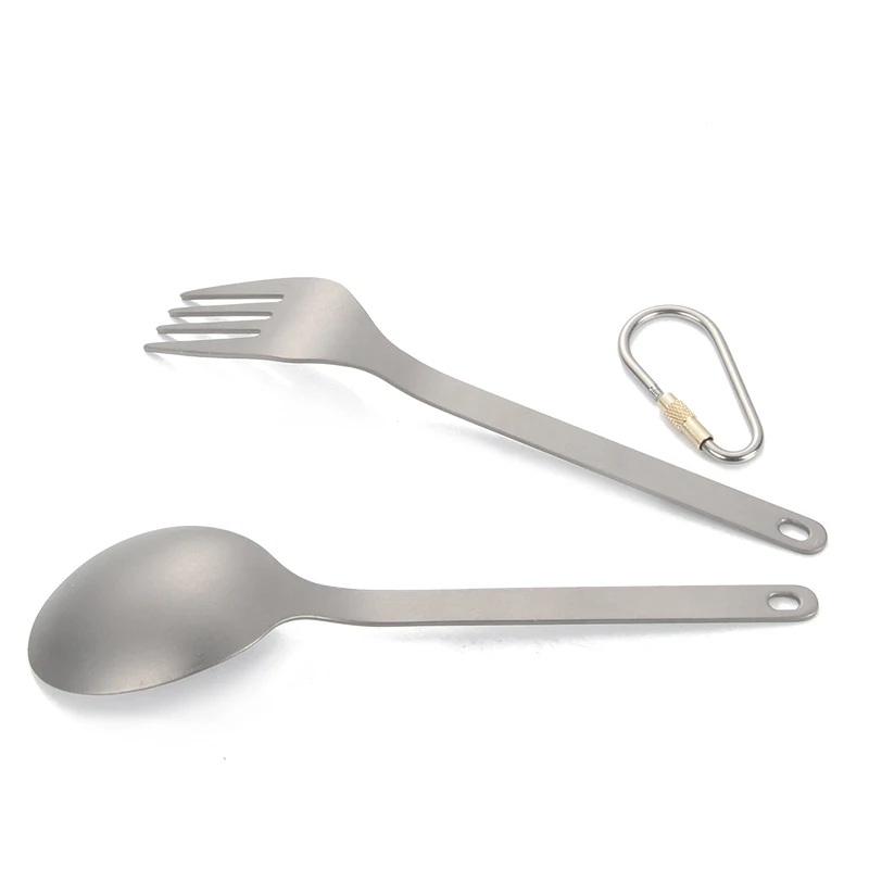 Titanium Tableware Spoon Fork Cutlery Set with Carabiner Storage Sack fo Outdoor Camping Hiking Traveling Picnic Flatware