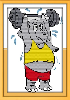 

Joy sunday cartoon style The weightlifting elephant cross stitch embroidery kits easy counted for beginners