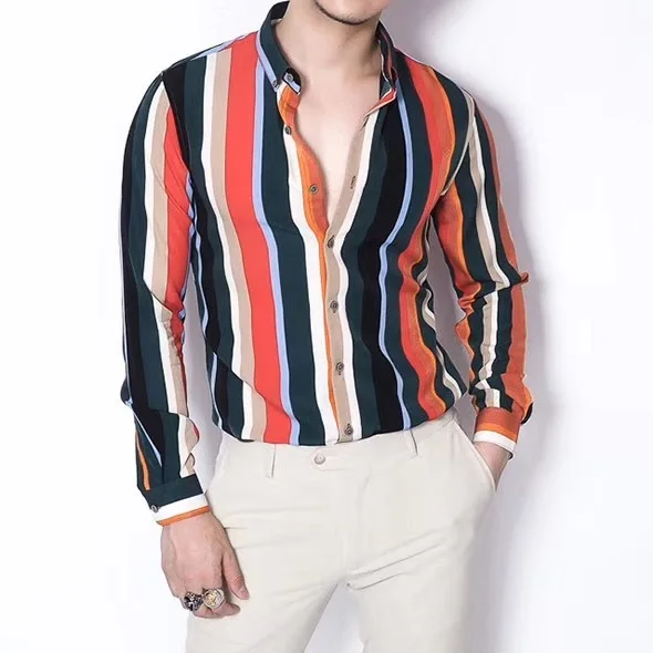 Радужная полосатая Мужская рубашка, цветная полосатая Мужская рубашка с длинным рукавом, Camisa Para Hombre, Корейская мужская Повседневная Клубная рубашка - Цвет: nacarat