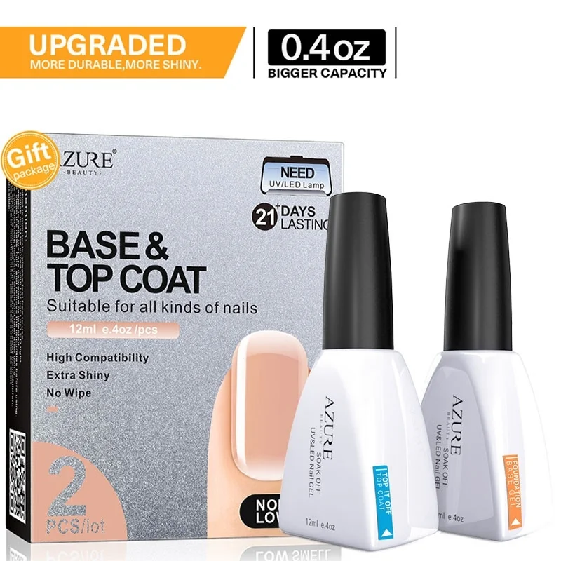 

AZURE BEAUTY 2Pcs/Lot Base Top Coat Nail Gel Set With Box Soak Off Foundation Base Nail Coat Semi Permanent Top Coat Hybrid Gel