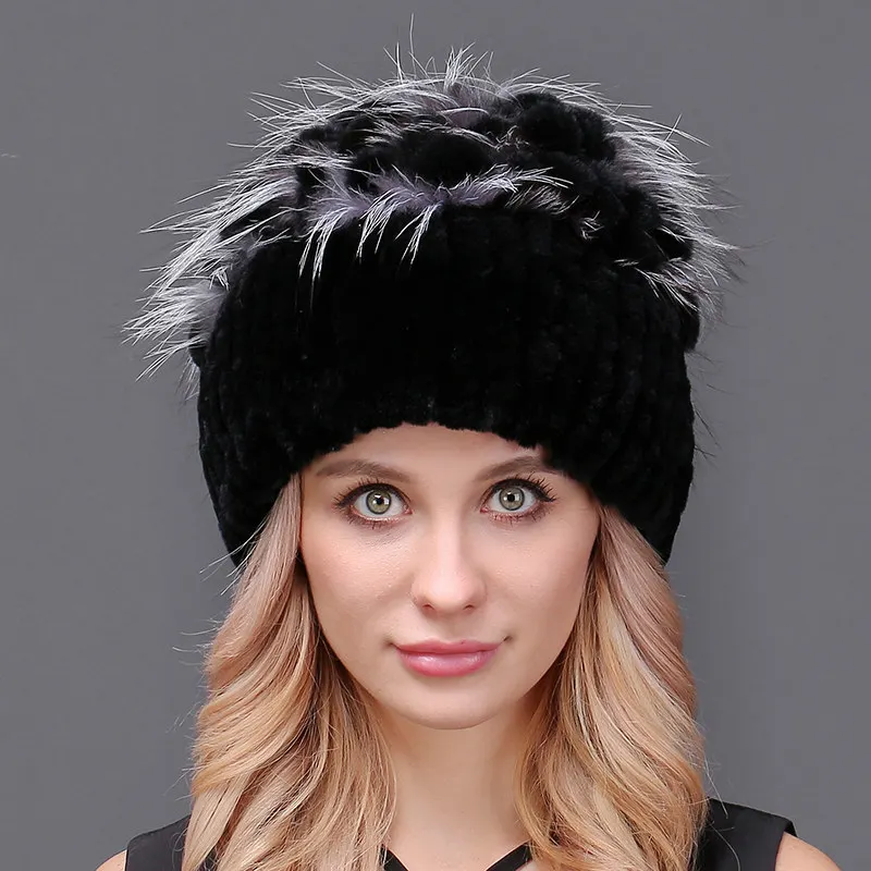 

Hot Sale Thick Female Winter Knitted Fur Hat For Women Real Rex Rabbit Princess Cap with Luxury Fox Fur Flower Hats