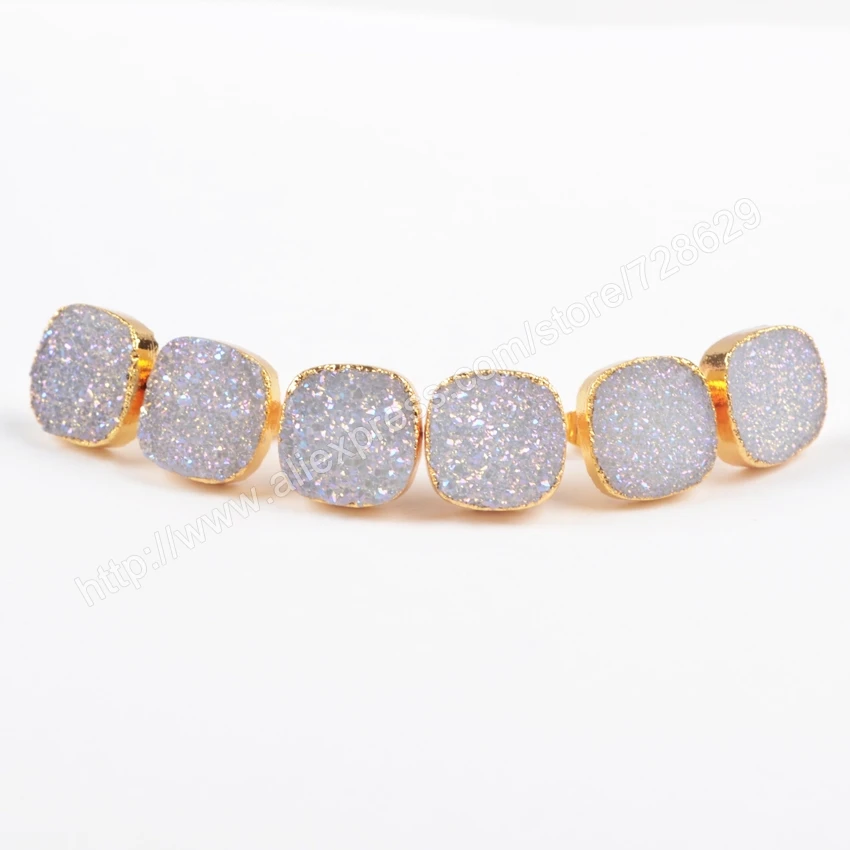 

BOROSA 5Pair/lot Fashion Charm Gold Color 12mm Square Natural Titanium AB Color Crystal Druzy Geode Stud Earrings G0880