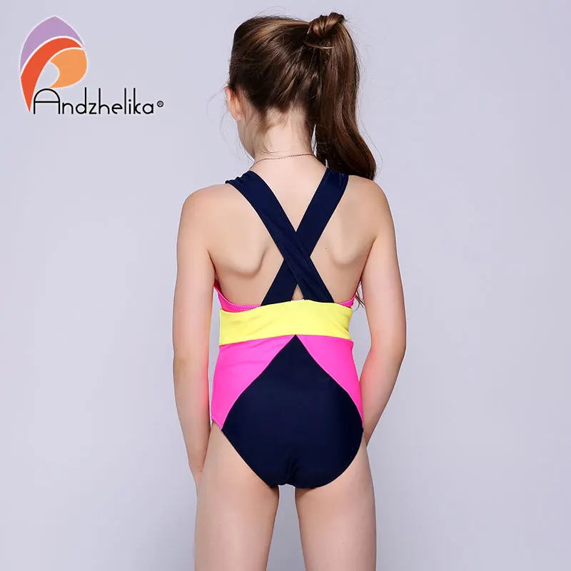 Andzhelika/ г. Спортивный костюм для плавания для Девочек Цельный купальный костюм разноцветный лоскутный пляжный комбинезон для купания для девочек, монокини