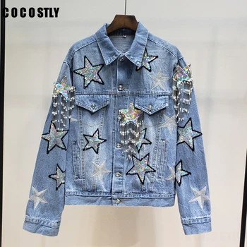 

high quality 2019 Spring Brand Embroidered Sequin Stars Drill Fringed Denim Jacket women jackets streetwear casaco feminino