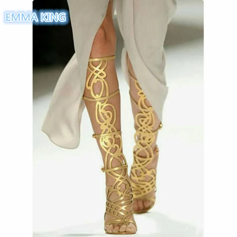

Laser Mesh Fashion Women Runaway Shoes Gold Summer Hollow Sexy Sandals Boots Open Toe Stiletto High Heels Street Style Sandals
