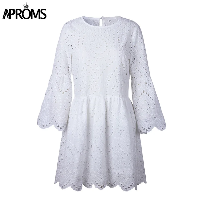 Aproms Elegant White Crochet Lace Dress Women 2018 Summer 3/4 Sleeve Casual Tunic Dress Beach Loose Short Dress Vestidos 2018