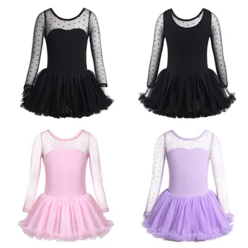 

Tiaobug Girls Polka Dots Mesh Long Sleeve Cotton Ballet Tutu Dance Dress Children Gymnastics Leotard Ballerina Kids Dance Wear