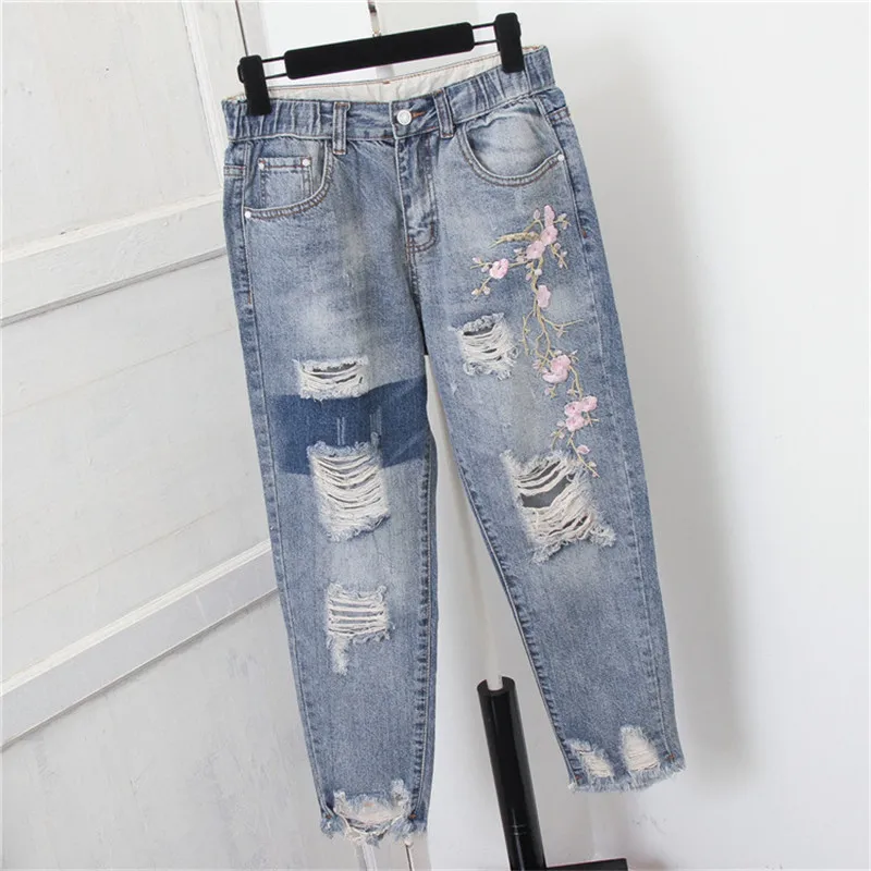 Embroidery Hole Ripped Jeans For Women Streetwear High