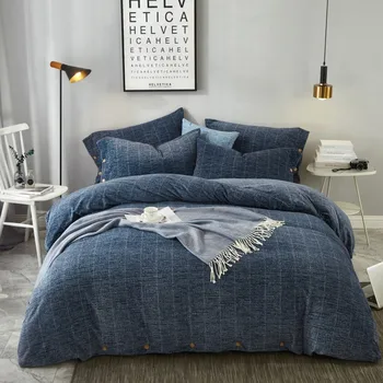

Navy Blue Cotton Fleece Sleep Warmth Bedding set Queen King size 4pcs Grey Stripes Button Duvet Cover Bed sheet set