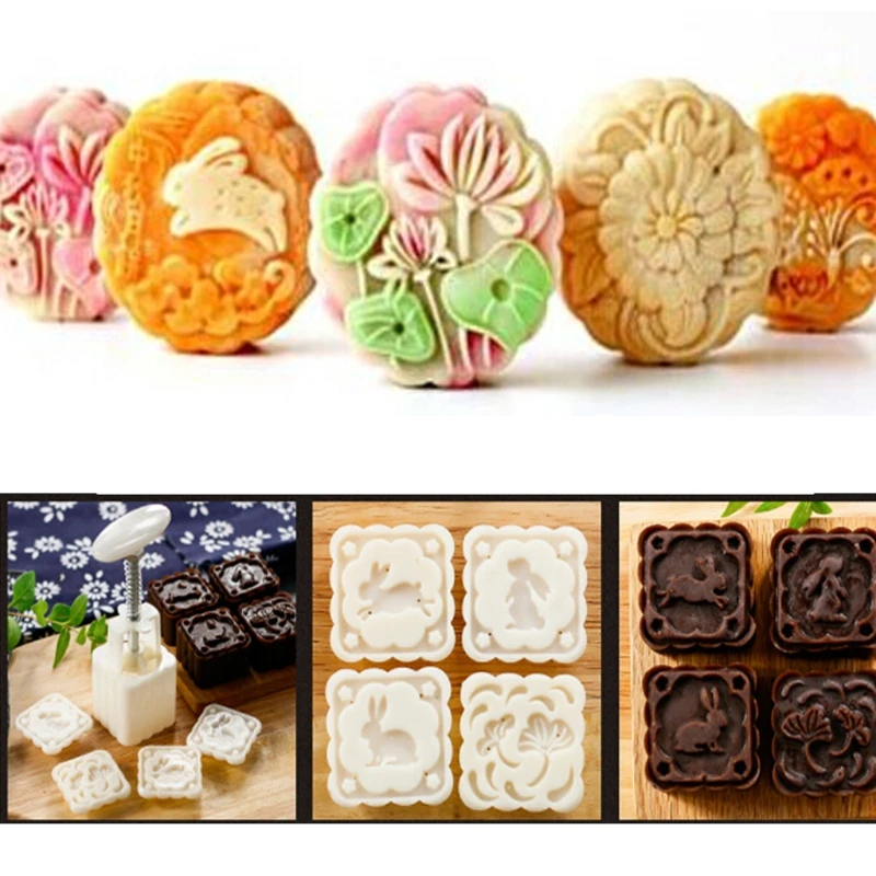 

4 Rabbit Stamps Moon Cake Mould DIY Square Mooncake Mold Baking square rabbit-shaped appearances Decor Tool 63g