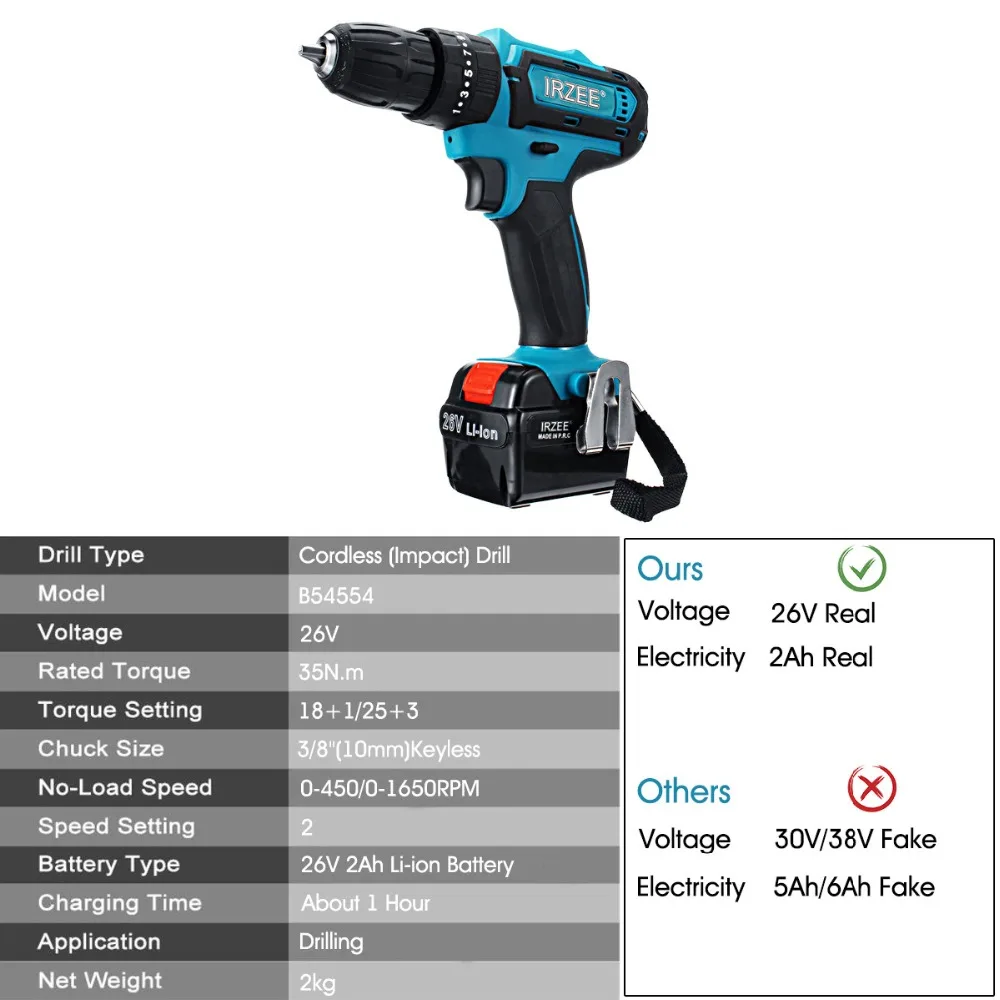 

New 35Nm Electric Screwdriver Cordless Drill Drill LED Light Power Driver 26V Max DC Li-Ion Battery 2-Speed Power Tools