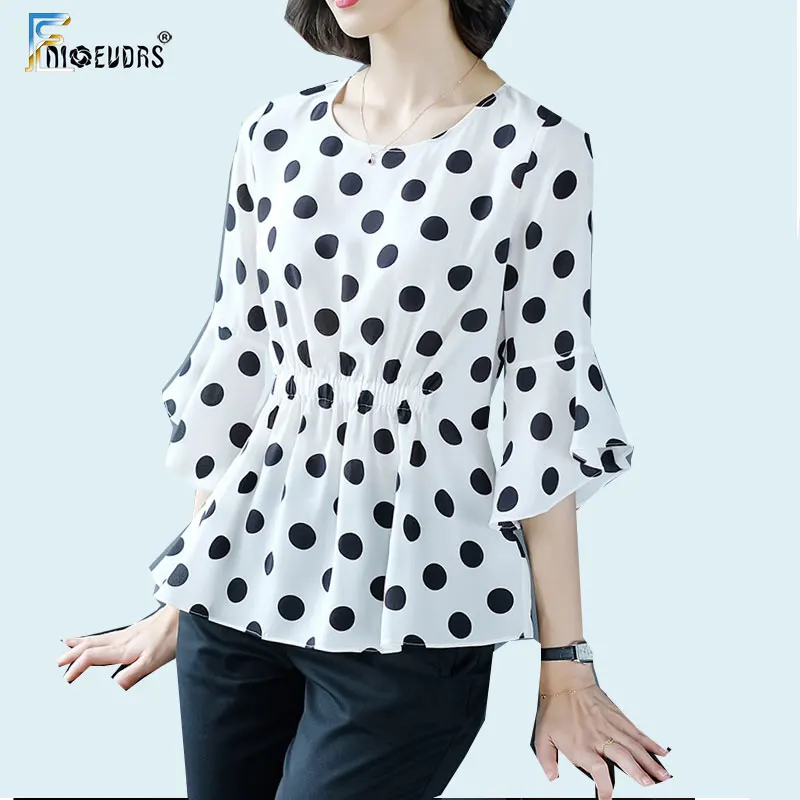 

Summer Chiffon Blouses Shirts Woman Fashion Flare Sleeve White Black Polka Dot Blouse camisa mujer Work Style J711