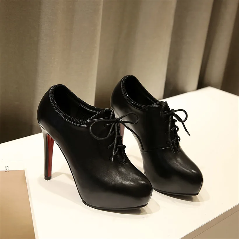 Повседневные женские туфли-лодочки на платформе и высоком каблуке 11 см весенне-осенние женские вечерние туфли-шпильки из искусственной кожи с круглым носком на шнуровке красного и черного цвета - Цвет: Black
