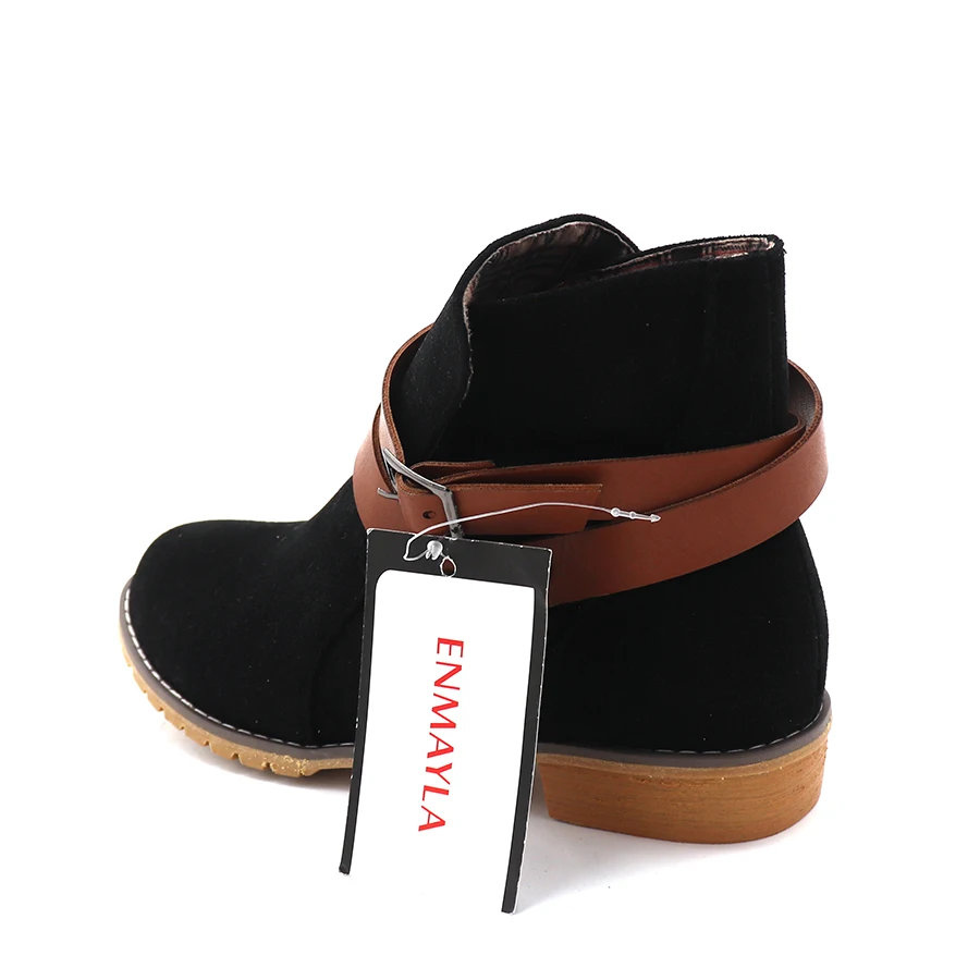 ENMAYER  new autumn buckle BIG SIZE women ankle boots Black Yellow Apricot color square heel flats suede shoes boots round
