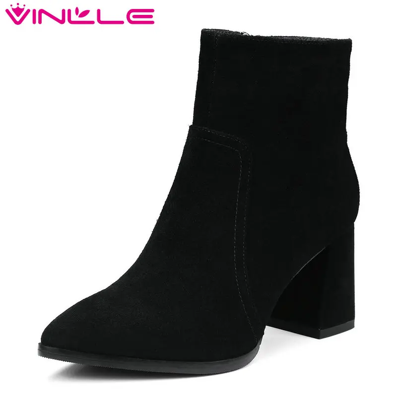 

VINLLE 2019 Women Ankle Boots Winter Shoes Flock Cow Suede Casual Square High Heel women Motorcycle Boots Big Size 34-39