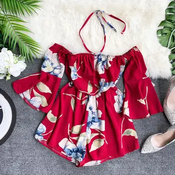 

Seaside Holiday Half Flare Sleeve Skinny Chiffon Printed Beach Jumpsuits Women's Summer Sexy Playsuits G960