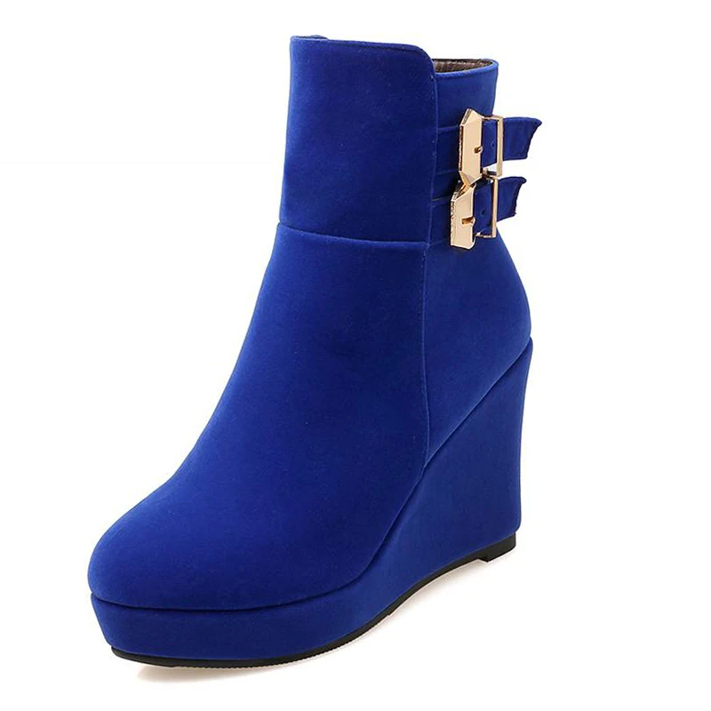 

2016 Flock Platform Wedges Ankle Boots Buckle High Heels Female Footwear Add Fur Warm Shoes Woman Fall Winter Women Boots