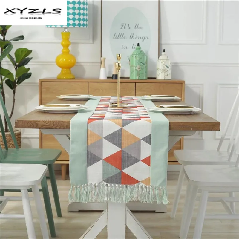 

XYZLS Cotton Linen Table Runner Modern Geometric Tablecloth with Tassels Dining Table Flag for Wedding Party Decoration 1PC