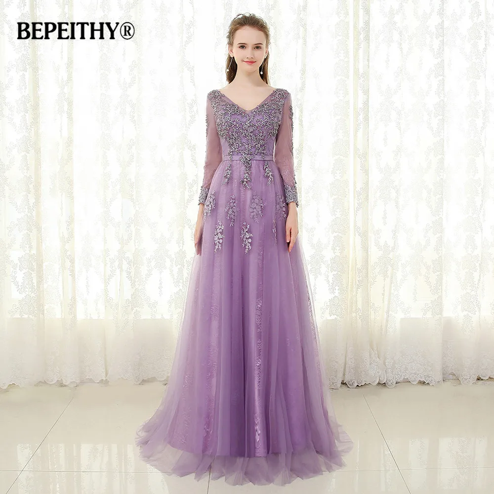 BEPEITHY фиолетовое длинное вечернее платье с длинными рукавами vestido de festa кружевное винтажное элегантное выпускное платье с v-образным вырезом