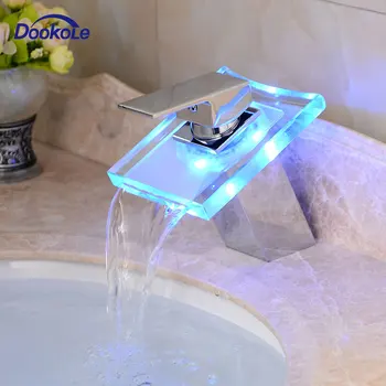 

LED Light Bathroom Basin Faucet, 3 Colors Changing Waterfall Glass Spout, Hot and Cold Water Mixer Brass Chrome