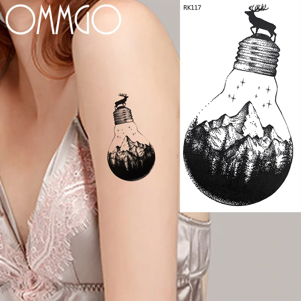 

OMMGO Bulb Mountain Peak Temporary Tattoos For Women Men Sticker Fake Tattoo Custom Tatoos Elk Deer Body Art Arm Forest Black