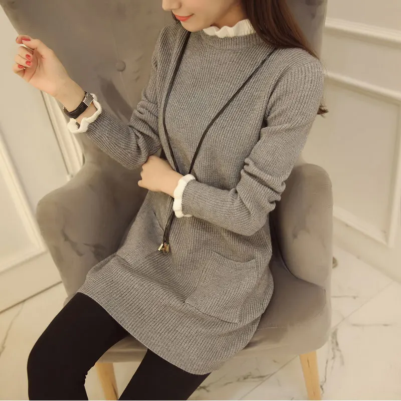 New Women's Sweater Autumn 2016 Winter Fashion Half turtleneck Wave-selvedge Solid Loose Pullover Knitted Sweater Dress Female
