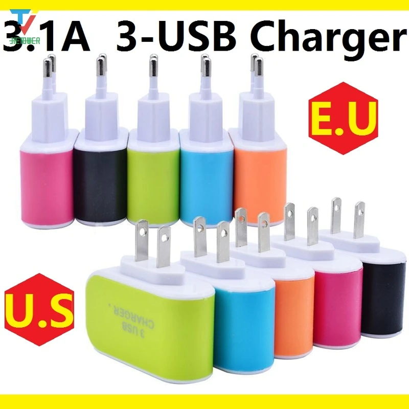 100 шт/партия, Трехместный 3USB порта, 3,1 а USB AC EU/US, настенное зарядное устройство, домашняя вилка для samsung для iphone 7 6 5,, дешево