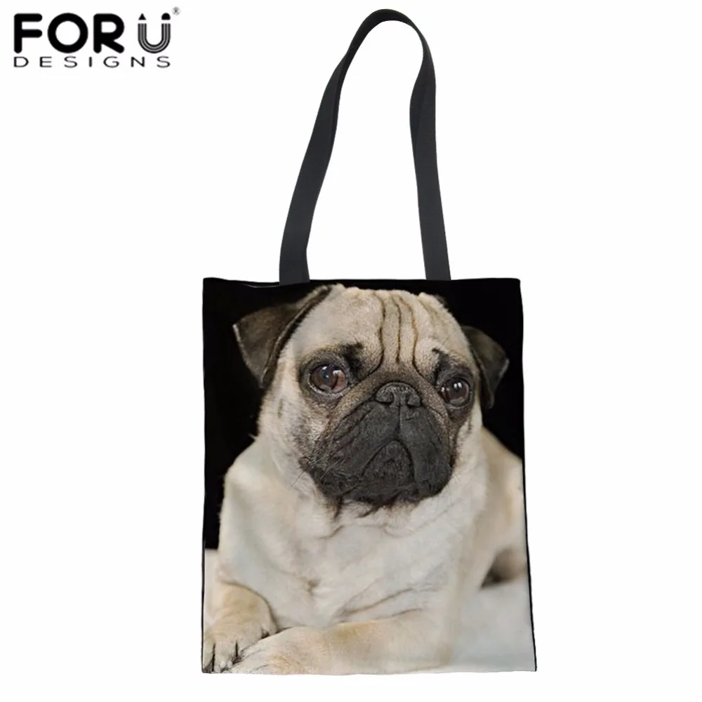 FORUDESIGNS Reusable Shopping Bag Pug Dog Print Cloth Bag for Women Teenager Girls Daily