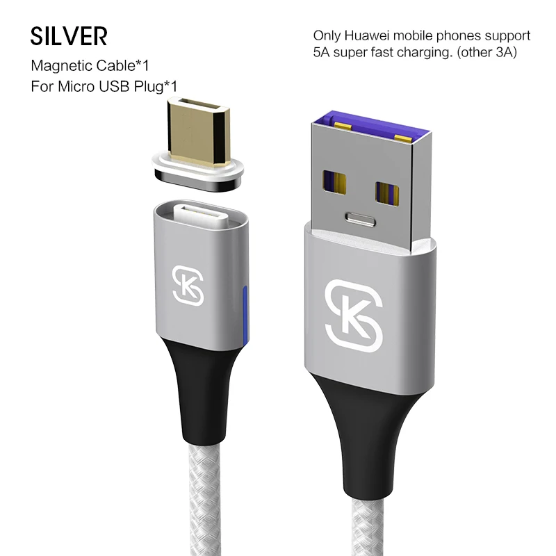 Магнитный зарядный usb-кабель USB type C супер быстрый 5A для huawei p20 lite huawei mate 20 Pro Honor 10 V20 телефон в автомобиле SIKAI - Цвет: usb micro silver