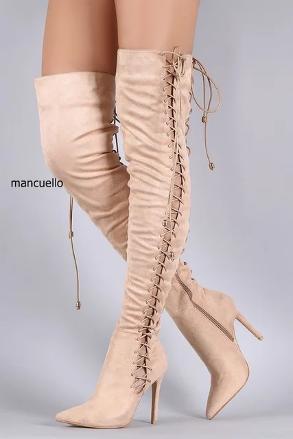 Nouvelle Arrivée Femmes Beige En Daim Bout Pointu Talon Aiguille Sur La Keen haute Bottes Sexy