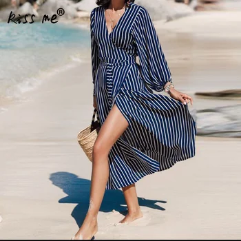 

Free Size Long Beach Dress Deep V With Belt Loose Beach Maxi Dress Printed Striped Long Cardigan Deep V Bikini Cover Ups