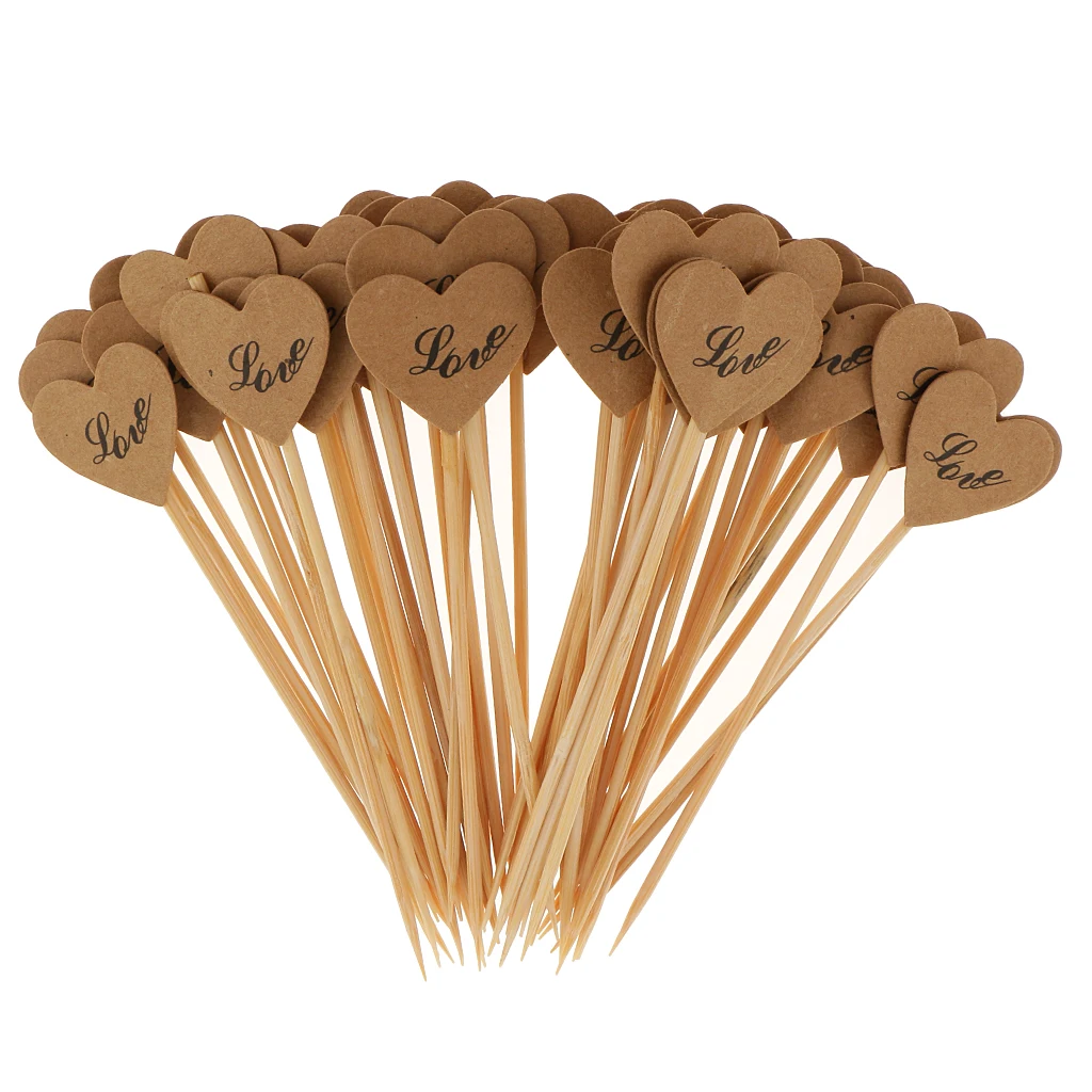 50 Pieces Retro Kraft Paper Heart Cupcake Topper Food Picks Wedding Engagement Birthday Parties Decor LOVE Paper 