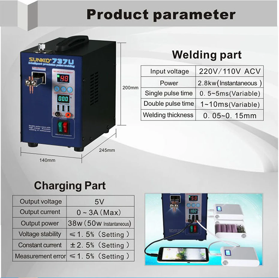 SUNKKO 737U Аккумуляторный аппарат для точечной сварки 2.8kw светодиодный точечная Импульсная Сварка машина с usb-зарядкой тестирование для 18650