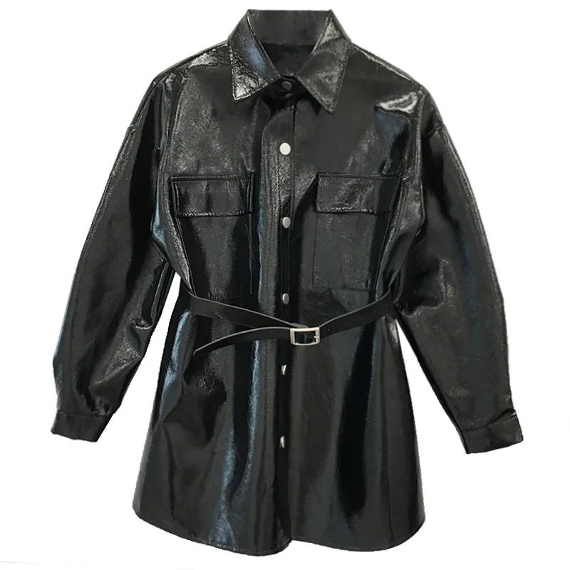 Модные брендовые Глянцевые лакированные кожаные куртки из искусственной кожи, Женская куртка в уличном стиле, однобортная Длинная кожаная куртка wq561