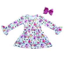 Для маленьких девочек, с цветами Фиолетовый единорог платье молочного шелка рюшами Топ матч с аксессуаром для маленьких девочек осень/зима Костюмы