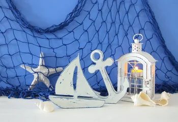 

VinylBDS 5x7ft Newborn Party Decoration Wooden Sailboat Lamp Conch Photo Blue Wooden Background for Kids Photo Shoot Studio