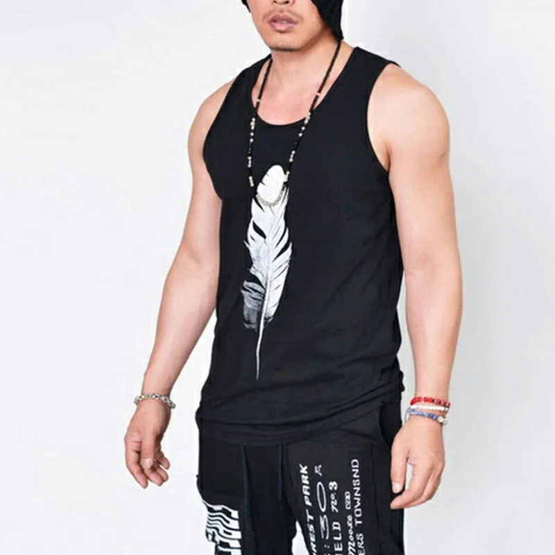 

Hip Hop Men Tank Tops Mens Clothing Plus Size Hot Art Feather Print Casual Male O-Neck Sleeveless Tops