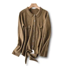 Новинка весны, женская рубашка из шерсти с воротником, длинный кардиган с карманами, Модный Цветной Женский вязаный классический свитер из чистого мериноса