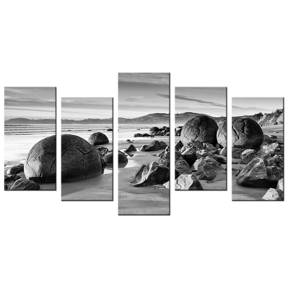 

Amazing Nature Painting Black And White Sea Sand Beach Boulders Modern Lanscape Wall Art Stone Canvas Modular Picture Home Decor