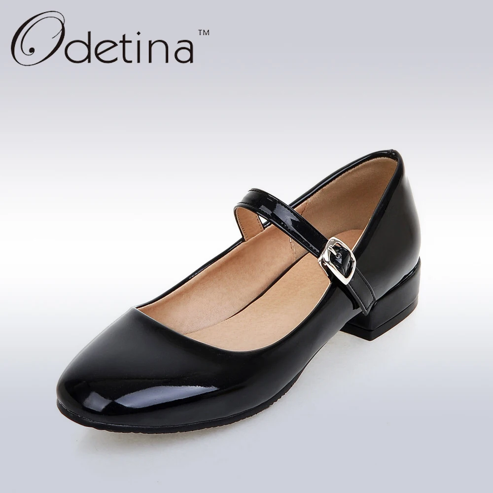 Odetina Handmade Large Size Mary Janes Buckle Strap Shoes Low Heel Jane Shoes Flat Ladies Square Toe Flats Solid Patent Leather